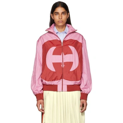 Gucci Zip-front Technical Nylon Jacket W/ Gg Intarsia In Pink