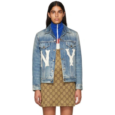 Gucci Stone-washed Denim Jacket With Ny Yankees Mlb Patch In Blue