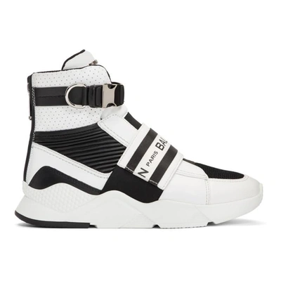 Balmain Black And White Logo Print Mesh Leather High-top Sneakers