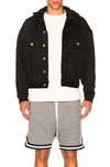 FEAR OF GOD FEAR OF GOD HOODED TRUCKER JACKET WITH FRENCH TERRY SLEEVES IN BLACK