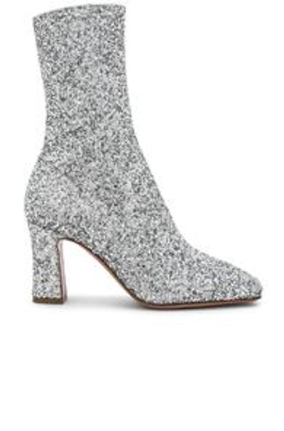 Amina Muaddi Glitter Stretch Sabrina Ankle Boots In Metallic. In Silver
