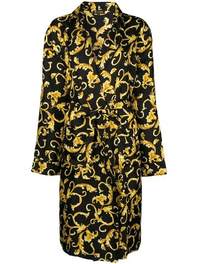 Versace Baroque Printed Silk Satin Kimono Dressing Gown In A732 Black Gold