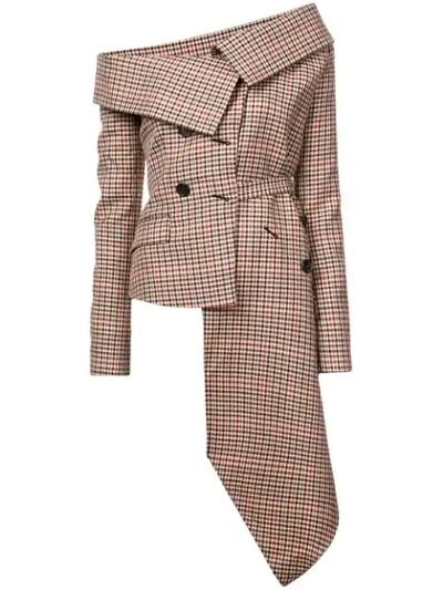 Monse Off-the-shoulder Asymmetric Draped Checked Wool-blend Jacket In Brown,neutral,plaid