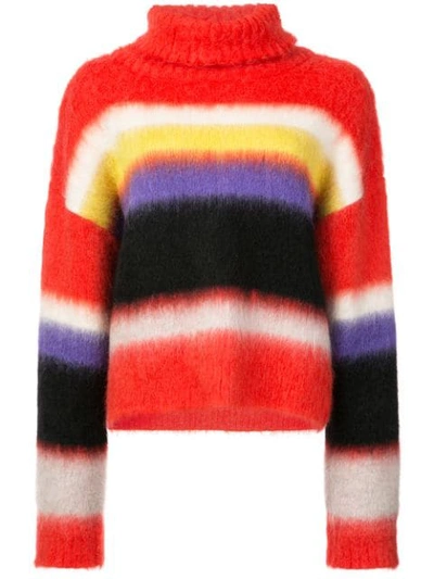 Diane Von Furstenberg Striped Brushed Knitted Turtleneck Sweater In Red