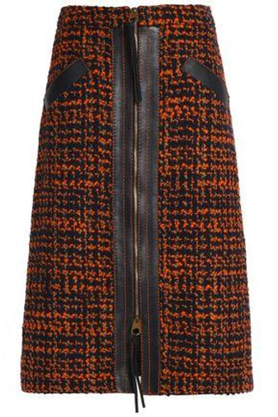 Agnona Woman Leather-trimmed Wool-blend Tweed Skirt Chocolate