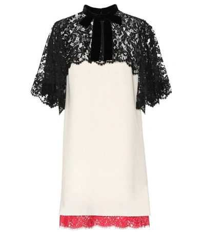 Gucci A-line Stretch-jersey Dress With Floral-lace Top & Hem In Beige
