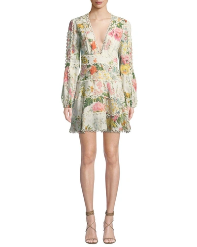 Zimmermann Heathers Floral-print Linen Long-sleeve Mini Dress In Multicolor