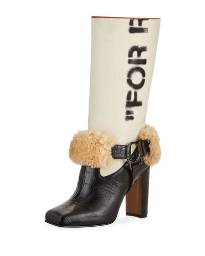 Off-white Beige For Riding Print Canvas Shearling Boots In Neutrals