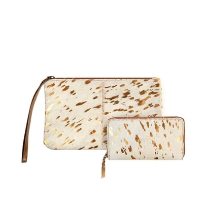 Mahi Leather Matching Clutch & Purse Gift Set In Cream & Copper Pony Hair Leather