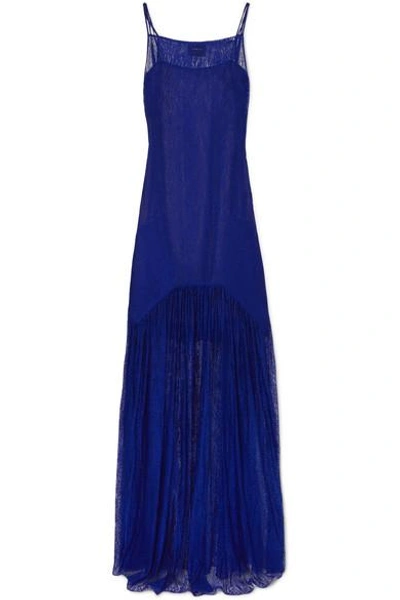 Akris Long-sleeve Round-neck Draped Lace Dress W/ Panel Slits In Cobalt Blue