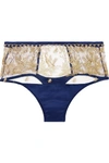 COCO DE MER GOLDEN HERON EMBROIDERED TULLE AND SILK-BLEND SATIN THONG
