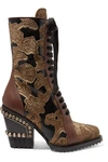 CHLOÉ RYLEE STUDDED BROCADE AND APPLIQUÉD LEATHER ANKLE BOOTS