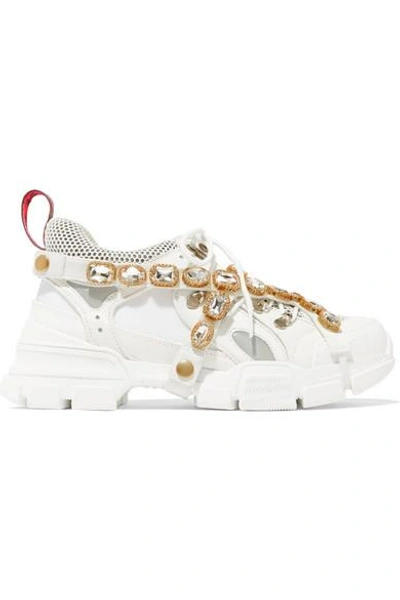Gucci Flashtrek Embellished Logo-embossed Leather, Suede And Mesh Trainers In White