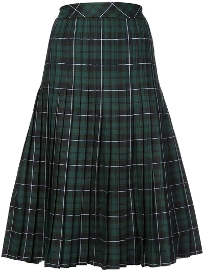 Sandy Liang Checked Pleated Cotton-canvas Midi Skirt In Green