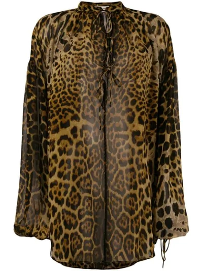 Saint Laurent Leopard Print Silk Blouse In Brown