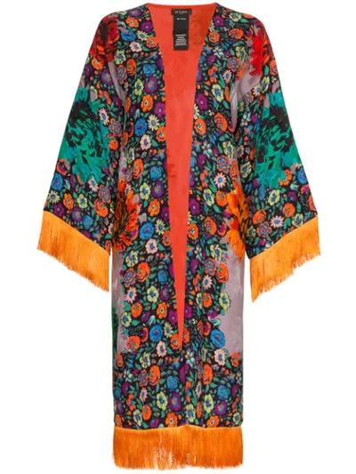 Etro Fringed Floral-print Satin-jacquard Kimono In Orange