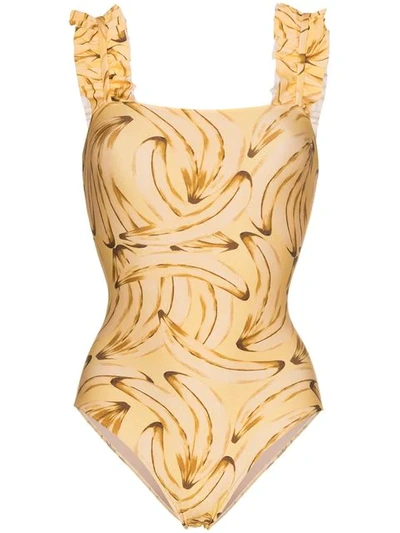 Adriana Degreas Muse Print Swimsuit With Ruffles In Yellow