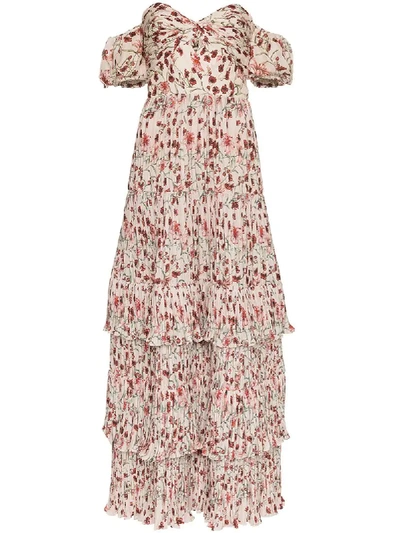 Johanna Ortiz The Lady Of Shalott Off-the-shoulder Floral-print Crepe De Chine Gown In Beige