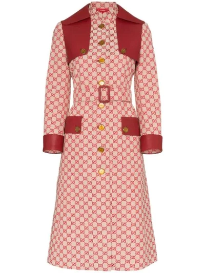 Gucci Button-front Gg Canvas Trench Coat W/ Leather Details In Gardenia/ Red