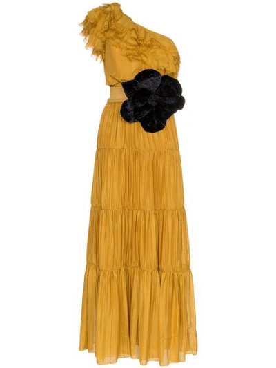 Johanna Ortiz Daydream Asymmetric Tiered Silk-muslin Gown In Yellow/orange