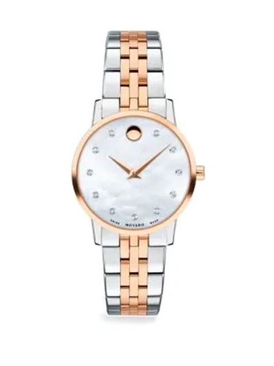 Movado Women's Mother-of-pearl, Rose-goldplated, Stainless Steel & Diamond-trim Bracelet Watch In White Mother Of Pearl