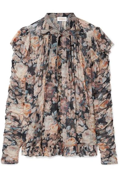 Zimmermann Tempest Frolic Ruffled Floral-print Silk-georgette Blouse In Black Faded Floral