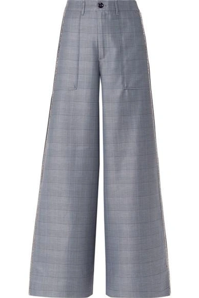 Ganni Crystal-embellished Checked Silk-blend Wide-leg Pants In Serenity Blue