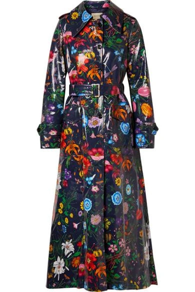 Gucci Oversized Floral-print Coated-cotton Drill Trench Coat In Navy
