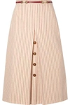 GUCCI Leather-trimmed paneled pinstriped wool midi skirt
