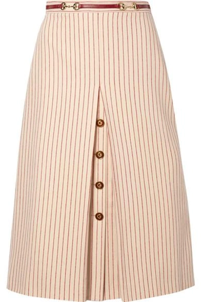 Gucci Leather-trimmed Paneled Pinstriped Wool Midi Skirt In Neutrals