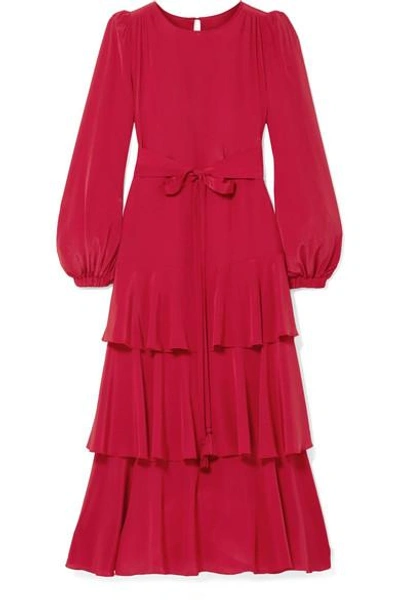 Anna Mason Tiered Silk Crepe De Chine Midi Dress In Crimson