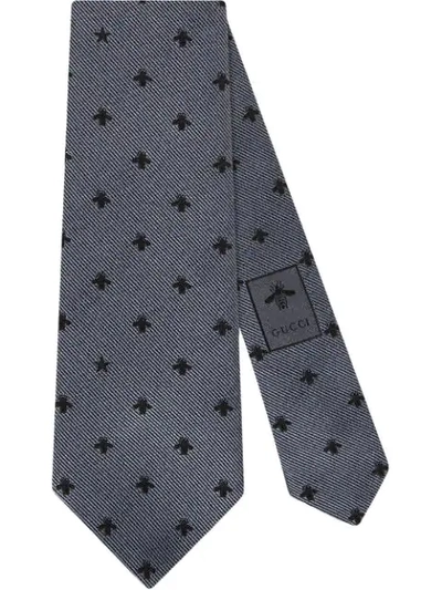 Gucci Silk Tie With Bees And Stars In Dark Grey Silk With Black Bees And Stars