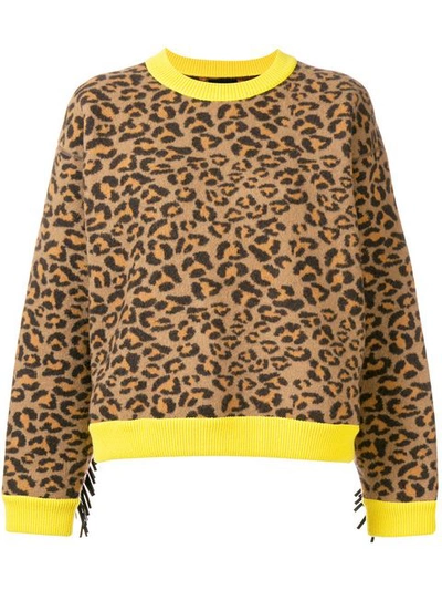 Alanui Leopard-intarsia Crewneck Pullover Sweater W/ Leather Fringe In Cinnamon