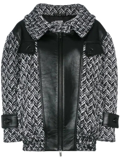 Miu Miu Wool Blend Bomber Jacket With Leather Inserts In Nero