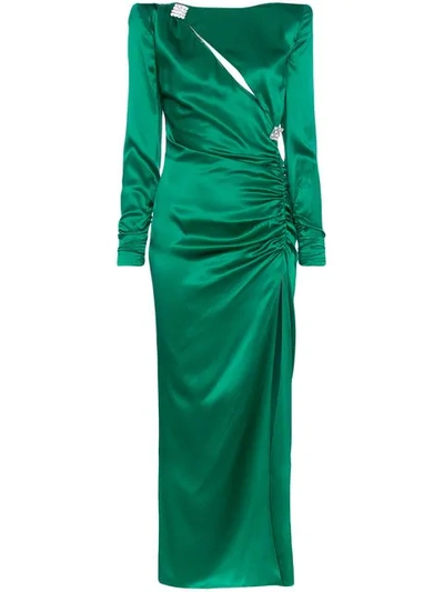 Alessandra Rich Ruched Crystal-embellished Silk-satin Midi Dress In Green