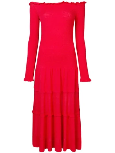 Altuzarra Vendaval Off-the-shoulder Long-sleeve Smocked Tiered Midi Dress In Red