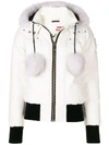 Moose Knuckles Debbie Long-sleeve Zip-front Bomber Jacket W/ Pompoms In White