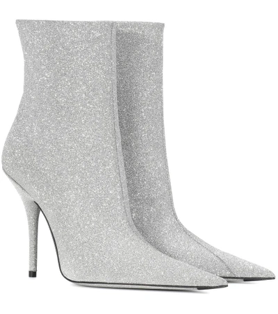 Balenciaga Knife Glittered Leather Ankle Boots In Light Grey