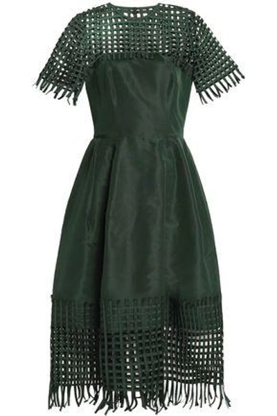 Oscar De La Renta Woman Net-paneled Pleated Duchesse Silk-satin Midi Dress Forest Green