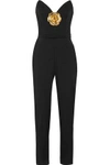 OSCAR DE LA RENTA WOMAN STRAPLESS FLORAL-APPLIQUÉD WOOL JUMPSUIT BLACK,GB 4230358016242846