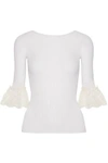 OSCAR DE LA RENTA OSCAR DE LA RENTA WOMAN CORDED LACE-TRIMMED RIBBED MERINO WOOL TOP IVORY,3074457345618910547