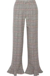 ROSIE ASSOULIN WOMAN RUFFLE-TRIMMED CHECKED WOOL FLARED trousers grey,GB 1874378722741316