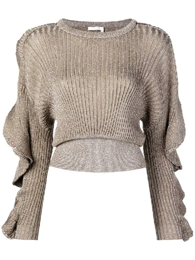 Chloé Scallop Sleeve Lurex Rib Knit Jumper In Green