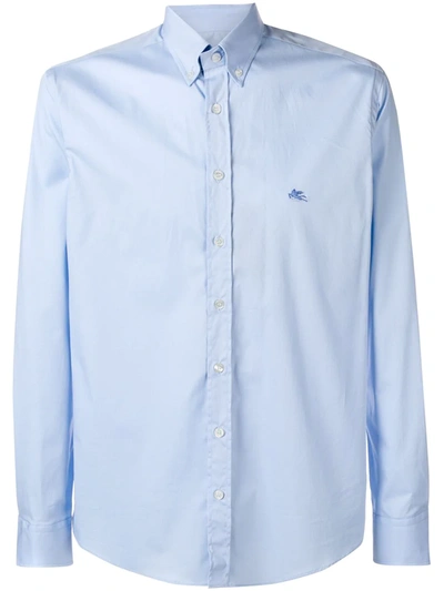 Etro Shirt Botton Down C/logo Slim In Celeste