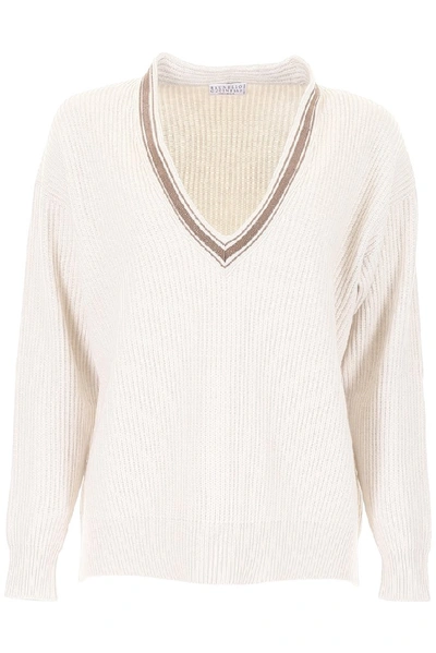 Brunello Cucinelli Monili Deep V-neck Ribbed Cashmere Sweater In Ivory