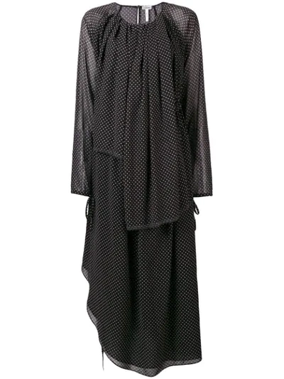 Loewe Asymmetric Polka-dot Chiffon Midi Dress In Black