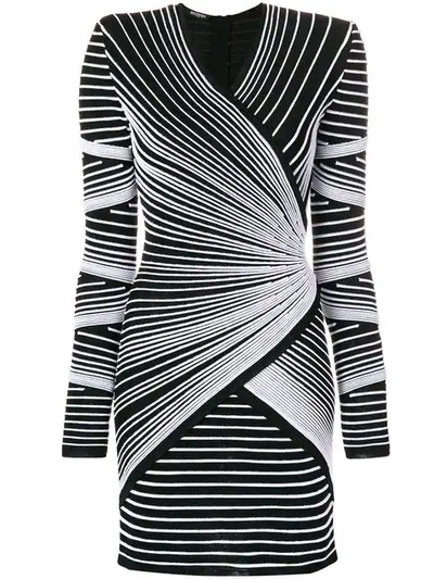 Balmain Structured Shoulder Stitched Stripe Mini Dress In Black
