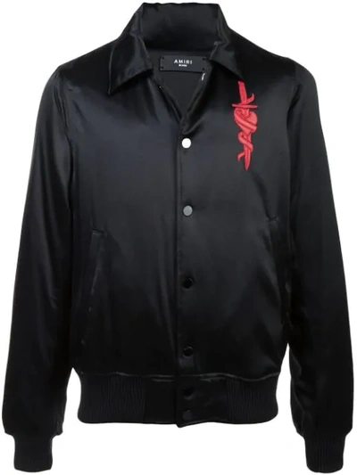 Amiri Leather-appliquéd Satin Bomber Jacket In Black