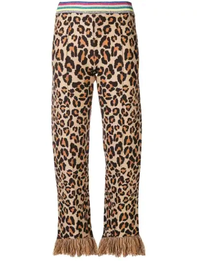 Alanui Leopard Intarsia Knit Straight-leg Trousers W/ Fringe Cuff In Neutrals