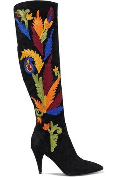 Alice And Olivia Woman Embroidered Suede Knee Boots Black